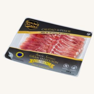 Sánchez Alcaraz Serrano ham (jamón) ETG, 50% Duroc breed or more, from Toledo, thin slices 100 gr